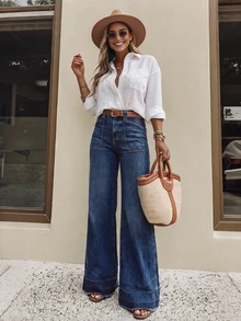 Elegant Women's Denim Wide Leg Pants, With Pockets, Mid-Stretch, Long Length, Washed Process, Suitable For Daily Casual Wear - Dark Wash - View 2