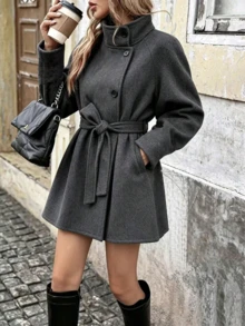 Women's Fashion Grey Belted Long Coat, Stand Collar Raglan Sleeve Design, Ideal Choice For Autumn/Winter - Dark Grey - View 1