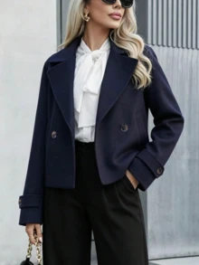 Women's Fashion Lapel Double-Button Short Coat, Long Sleeve Woven Fabric Regular Fit Jacket, Suitable For Autumn/Winter Wear. - Royal Blue - View 2