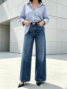 Women's Casual Elegant Washed Straight Leg Jeans, Wide Leg Long, Slightly Stretchy, Suitable For Travel, Commuting, Daily Wear And Autumn/Winter Outfits - Medium Wash - View 3
