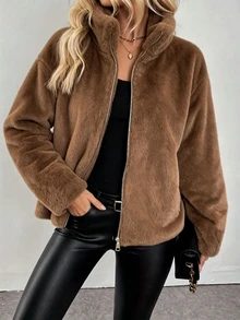 Jaket Wanita Bergaya dengan Resleting, Bahan Poliester Lengan Panjang Warna Cokelat dengan Kerah Cardigan, Potongan Reguler untuk Musim Gugur & Musim Dingin - Unta - View 2