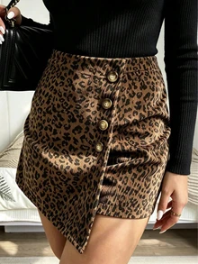 Women's Leopard Print Skort, Asymmetric Button Design, Short Woven Fabric Skort, Non-Stretch - Coffee Brown - View 2