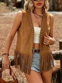 Women's Brown Faux Suede Sleeveless Vest With Fringe Detail And Open Collar, Regular Length Casual Outerwear, Suitable For All Seasons - Camel - View 2