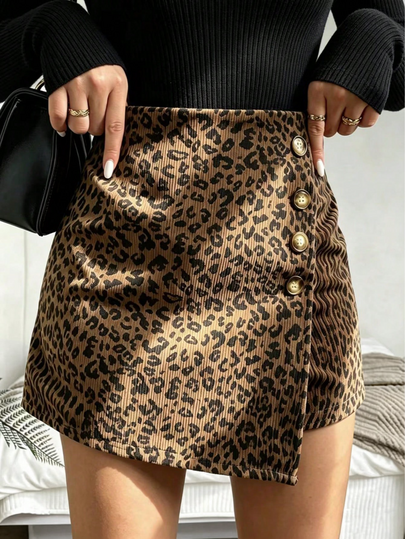 Jupe-short imprimé léopard pour femmes, design asymétrique avec boutons, jupe-short courte en tissu tissé, sans stretch