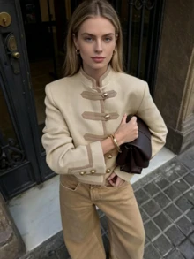 Women's Beige Fitted New Chinese Style Stand Collar Frog Button Pocket Jacket, Spring/Autumn Outerwear - Beige - View 1