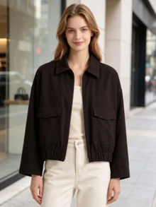 Women's Coffee Brown Zipper Utility Jacket, Oversized Dropped Shoulder Practical Coat With Flap Pockets, Suitable For Spring And Autumn - Coffee Brown - View 8