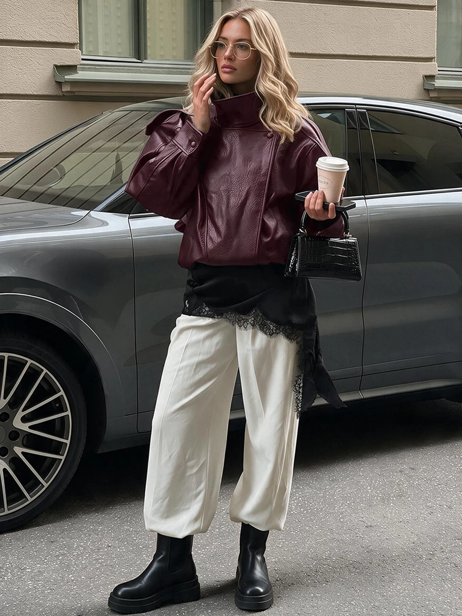 New Vintage Bomber PU Leather Jacket, Solid Color Casual Zipper Pocket Jacket, PU Leather Jacket, Regular Fit
