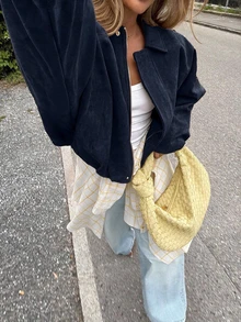 女款標準版型仿麂皮長袖單排扣寬鬆休閒夾克，適合春季穿著 - 藏青 - 查看 4