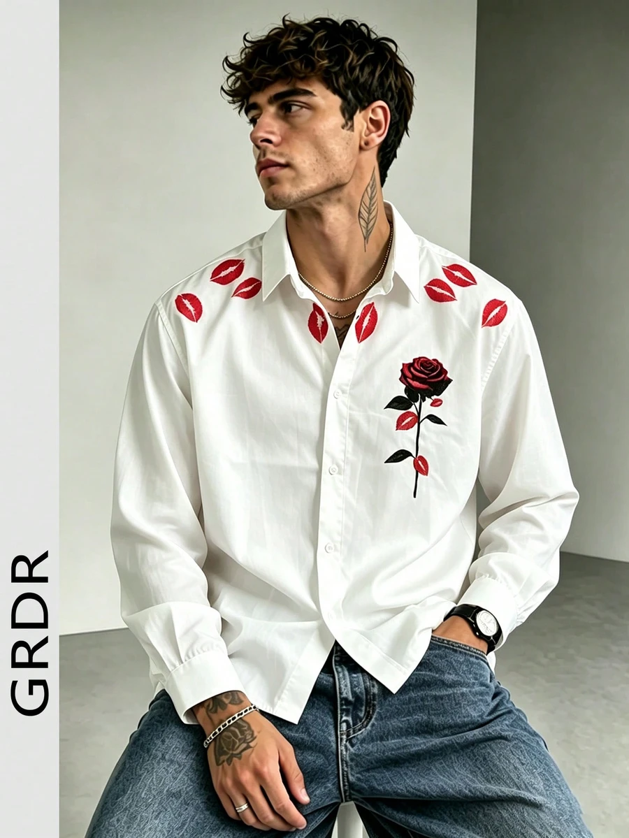 GRDR 男士長袖單排扣休閒襯衫,唇形花卉圖案 - 白色 - 查看 1