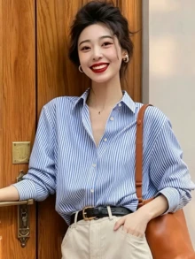 Women's Blue & White Striped Long Sleeve Shirt Collar Blouse, Collegiate Style Polyester Top, Autumn Fashion Choice - Blue - View 4