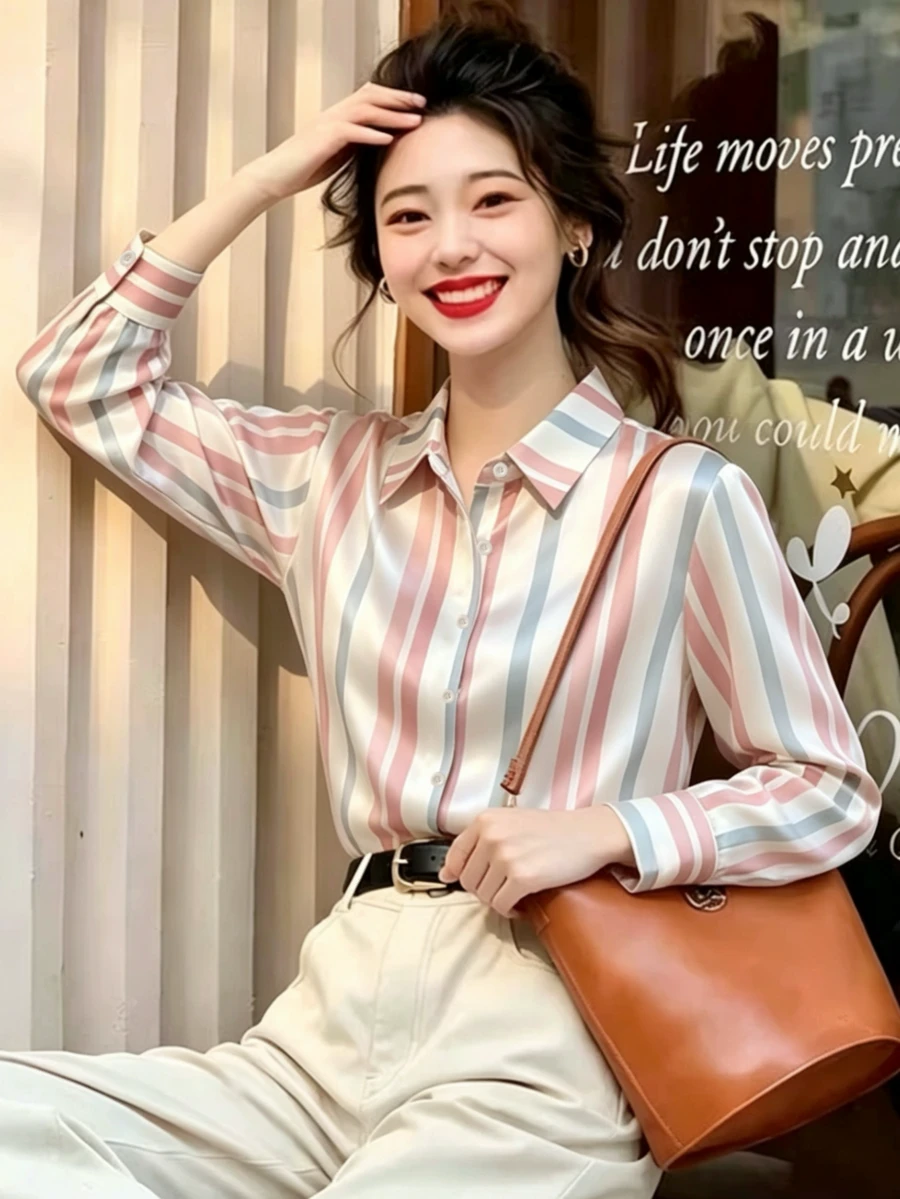Fashionable Women's Long Sleeve Striped Shirt, Casual Polyester Button-Up Shirt, Shirt Collar, Suitable For Autumn Wear.