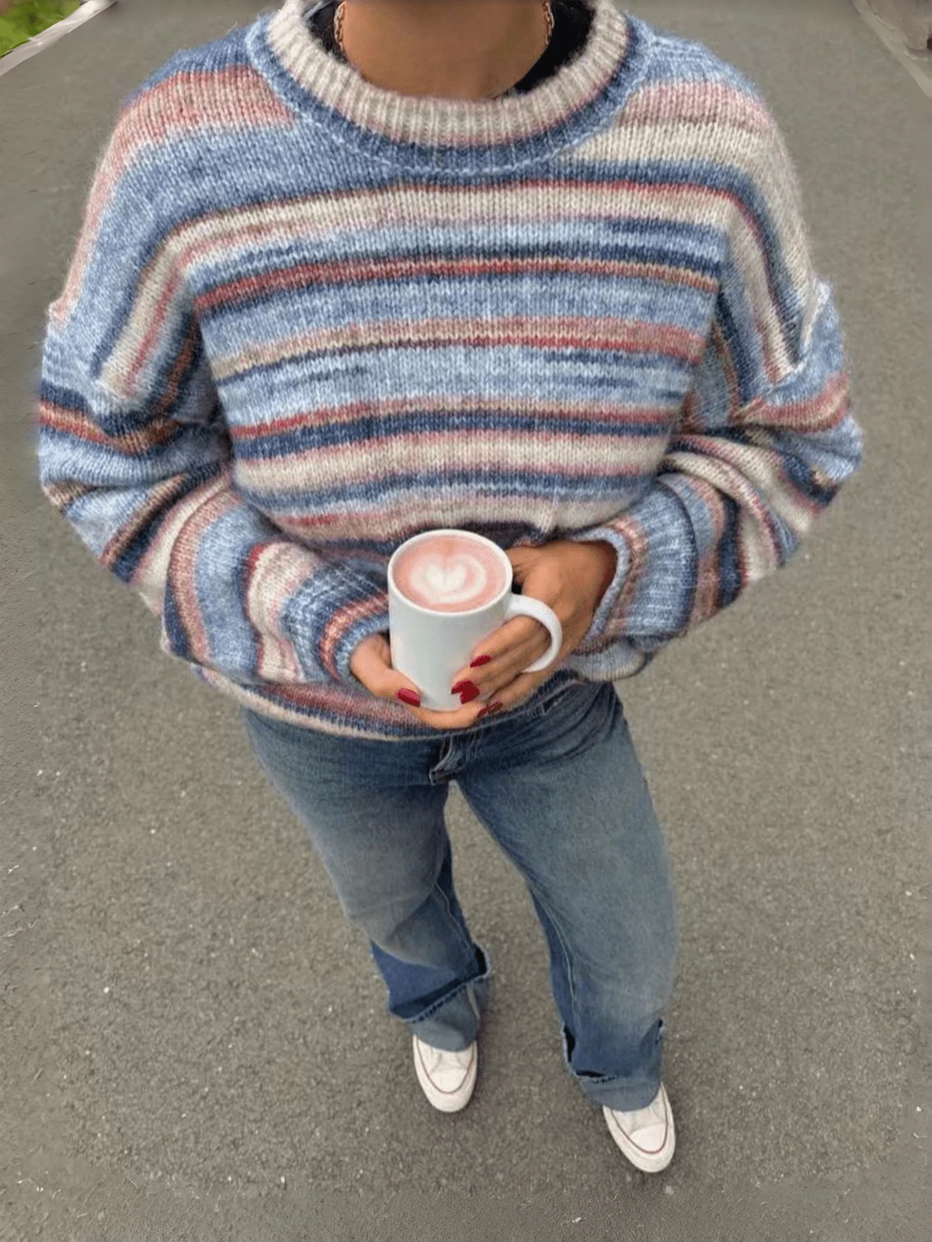 Vivid Style Women's Pink Striped Fuzzy Knit Sweater, Round Neck Space Dye Gradient Loose Drop Shoulder Long Sleeve Rainbow Warm Knit Pullover Top - Blue - View 1