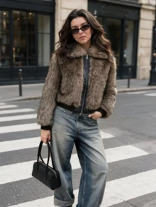 Women's Slim Fit Faux Fur Coat, Winter Zipper Street Style Jacket With Large Collar And Pockets - Sepia - View 11