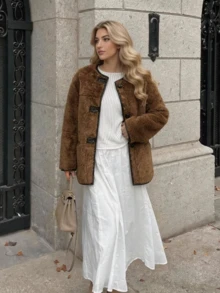 Women's Vintage Brown Faux Fur Winter Coat, Loose Fit, Round Neck With Pockets - Brown - View 10