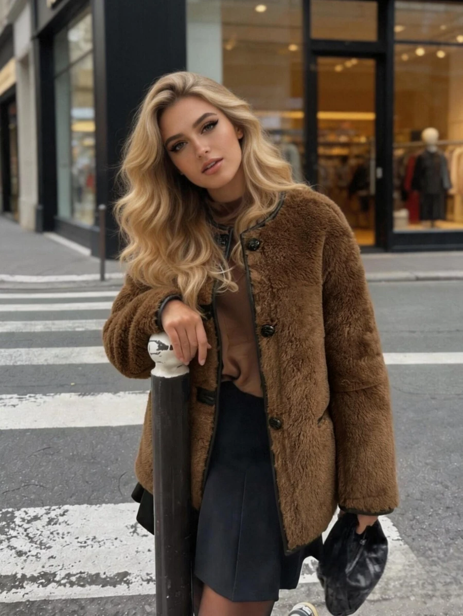 Women's Vintage Brown Faux Fur Winter Coat, Loose Fit, Round Neck With Pockets - Brown - View 1