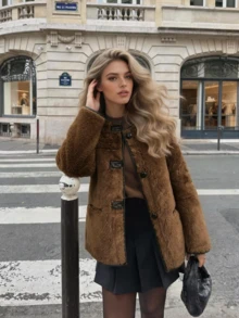 Women's Vintage Brown Faux Fur Winter Coat, Loose Fit, Round Neck With Pockets - Brown - View 4