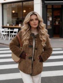 Women's Vintage Brown Faux Fur Winter Coat, Loose Fit, Round Neck With Pockets - Brown - View 3
