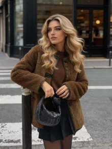 Women's Vintage Brown Faux Fur Winter Coat, Loose Fit, Round Neck With Pockets - Brown - View 1