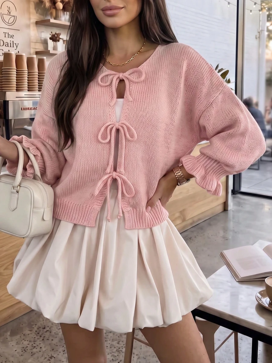 Autumn New Women's Front Bowknot Ruffle Bell Sleeve Drop Shoulder Loose Pink Cardigan, Halloween Costume, Women's Elegant Cardigan, Sweet Style Outerwear Top, Holiday Outfit, Concert Outfit, Birthday Outfit, Women's Concert Outfit - Pink - View 1