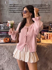 Autumn New Women's Front Bowknot Ruffle Bell Sleeve Drop Shoulder Loose Pink Cardigan, Halloween Costume, Women's Elegant Cardigan, Sweet Style Outerwear Top, Holiday Outfit, Concert Outfit, Birthday Outfit, Women's Concert Outfit - Pink - View 2