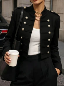 Women's Studded Decor Casual Daily Wear Wool Jacket - Black - View 3