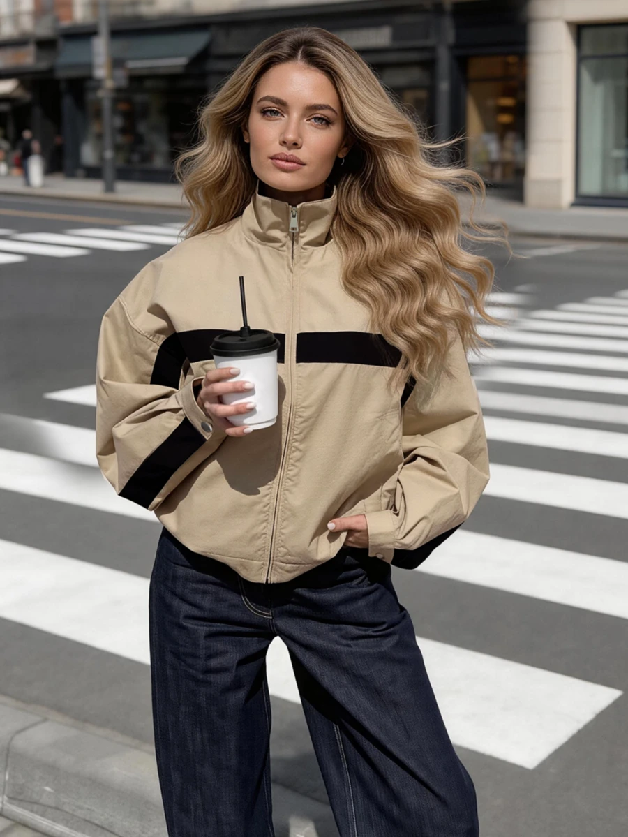 Women's Khaki Loose Zipper Stand Collar Jacket Coat, With Pockets, Spring Autumn Contrast Stripe Outerwear - Khaki - View 1