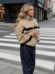 Women's Khaki Loose Zipper Stand Collar Jacket Coat, With Pockets, Spring Autumn Contrast Stripe Outerwear - Khaki - View 3