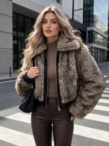 Women's Slim Fit Faux Fur Coat, Winter Zipper Street Style Jacket With Large Collar And Pockets - Sepia - View 1