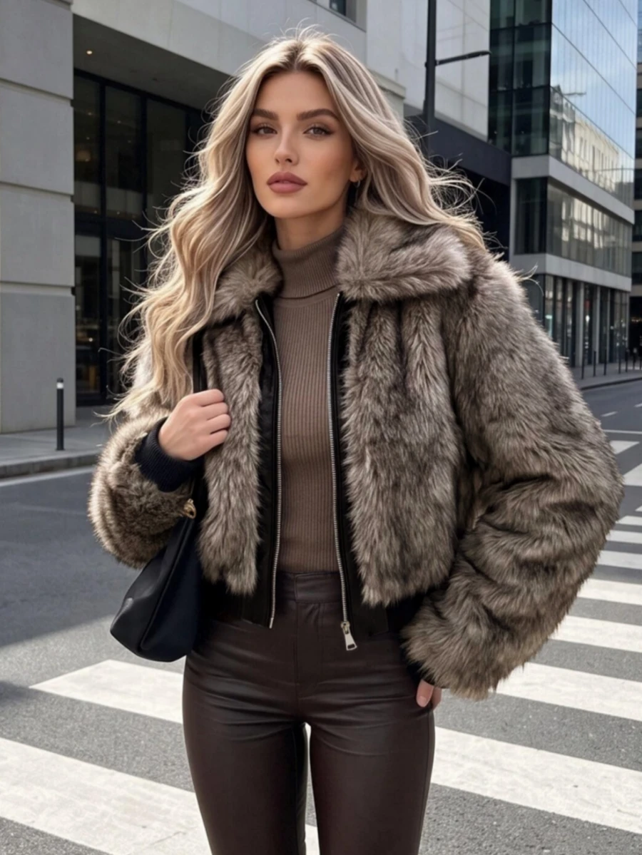Women's Slim Fit Faux Fur Coat, Winter Zipper Street Style Jacket With Large Collar And Pockets - Sepia - View 1
