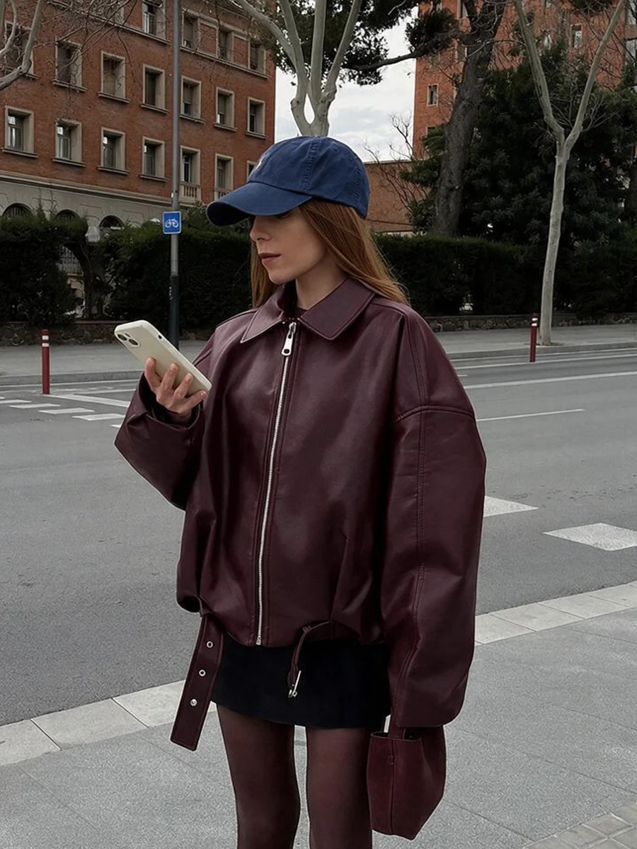 New Vintage Bomber Jacket, Solid Color Casual Zipper Pocket Jacket, PU Leather Jacket, Regular Fit, Women's Winter Jacket Fall - Redwood - View 1