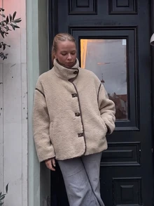 Women's Daily Wear Colorblock Front Button Stand Collar Wool Coat, Regular Fit Elegant Versatile Commuter Casual Jacket - Beige - View 1