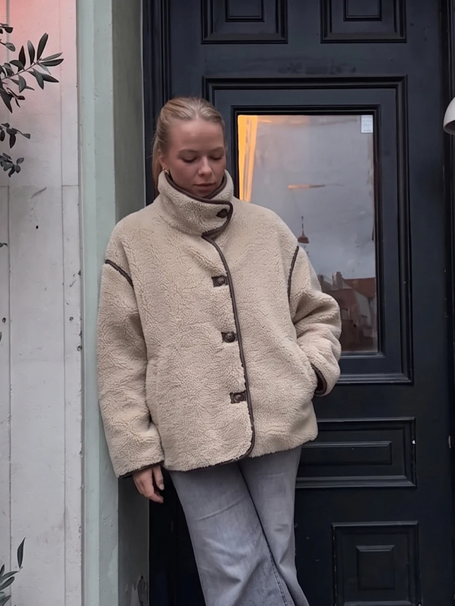Women's Daily Wear Colorblock Front Button Stand Collar Wool Coat, Regular Fit Elegant Versatile Commuter Casual Jacket - Beige - View 1