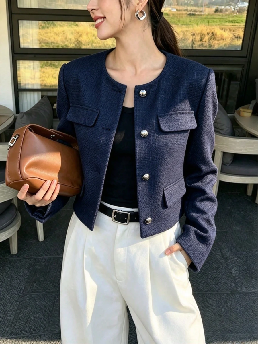 女款純色紋理羊毛混紡前扣口袋經典優雅時尚秋冬浪漫百搭通勤日常大衣 - 藏蓝色 - 查看 1