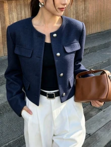 女款純色紋理羊毛混紡前扣口袋經典優雅時尚秋冬浪漫百搭通勤日常大衣 - 藏蓝色 - 查看 2
