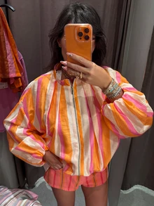Women's Striped Zipper Casual Baseball Jacket, Lantern Sleeve Contrast Color Top - Multicolor - View 4