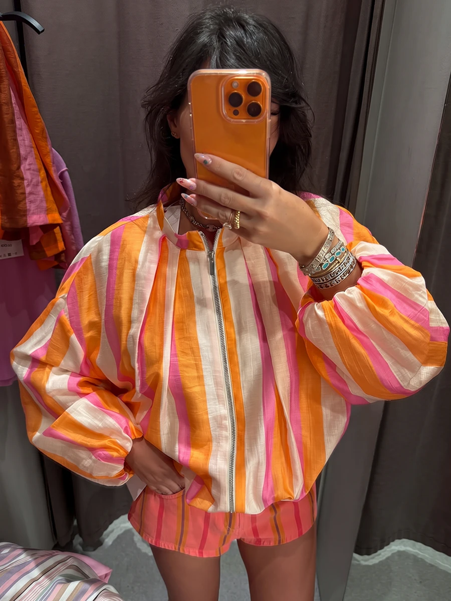 Women's Striped Zipper Casual Baseball Jacket, Lantern Sleeve Contrast Color Top - Multicolor - View 1