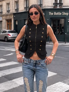 Women's Vintage Military Style Knit Vest, Button & Zipper Front Sleeveless Top, Suitable For Summer Black - Black - View 1