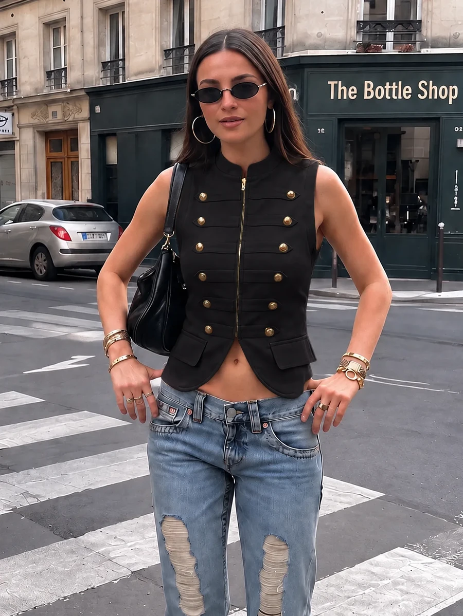 Women's Vintage Military Style Knit Vest, Button & Zipper Front Sleeveless Top, Suitable For Summer Black - Black - View 1