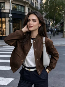 Women's Brown Loose Fit Aviator Jacket, Front Button Closure, Short Casual Outerwear, With Decorative Faux Pockets - Coffee Brown - View 10