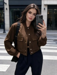 Women's Brown Loose Fit Aviator Jacket, Front Button Closure, Short Casual Outerwear, With Decorative Faux Pockets - Coffee Brown - View 11