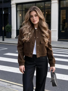 Women's Brown Loose Fit Aviator Jacket, Front Button Closure, Short Casual Outerwear, With Decorative Faux Pockets - Coffee Brown - View 5