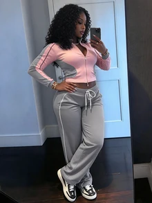 Women's Fashion Contrast Color Hooded Zip-Up Top And Drawstring Casual Lounge Pants Set - Pink - View 2