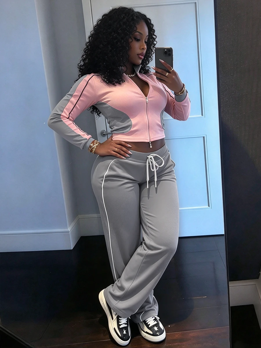 Women's Fashion Contrast Color Hooded Zip-Up Top And Drawstring Casual Lounge Pants Set