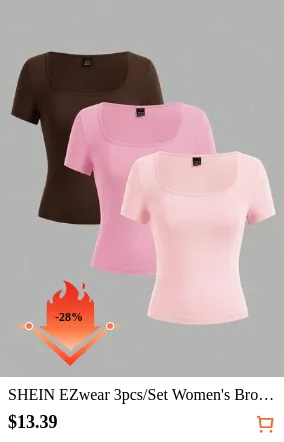 SHEIN EZwear 3pcs/Set Women's Brown, Pink, Nude Short Sleeve Cropped Casual Tight Fit T-Shirts, Suitable For Summer
