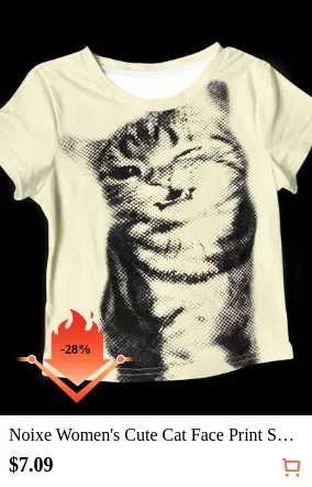 Noixe Women's Cute Cat Face Print Short White Crew Neck T-Shirt, Summer