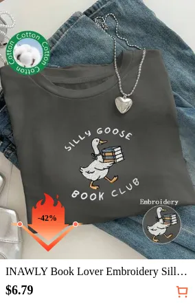 INAWLY Book Lover Embroidery Silly Goose Reading Club T-Shirt, Comfortable Colorful Reader Tee, Gift For Book Lovers, Round Neck Women Embroidery Reader T-Shirt