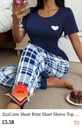 ZzzCrew Heart Print Short Sleeve Top And Plaid Print Pants Women Pajama Set, Casual Blue Pj Set Women Pj Sets For Women Short Sleeve Pajama Sets For Women Round Neck, Fall Winter Clothes
