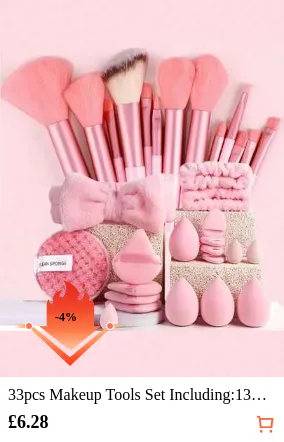 33pcs Makeup Tools Set Including:13PCS Makeup Brush Set+4PCS Makeup Sponges+4PCS Mini Makeup Sponges+4PCS Triangle Powder Puffs+4PCS Mini Air Cushion Powder Puffs+1pc Facial Cleansing Sponges+1pc Hairband+2PCS Hand Bowl Strap Makeup Brush Random Color
