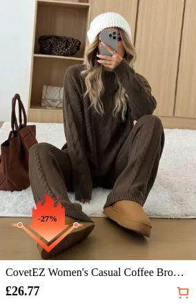 CovetEZ Women's Casual Coffee Brown Round Neck Long Sleeve Sweater And Pants 2 Pieces Set, Winter,Brown Sweater,Cozy Fall And Winter Clothes For Women