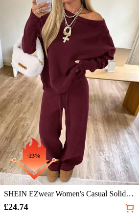 SHEIN EZwear Women's Casual Solid Color Oblique Shoulder Loose Knit Sweater And Pants Set, Autumn/Winter,Cozy Fall And Winter Clothes For Women Cozy Two Pieces Set Two Pieces Set Women Comfy Long Sleeve Two Pieces Set Two Pieces Lounge Set Comfortable Two Pieces Set Women Two Pieces Set